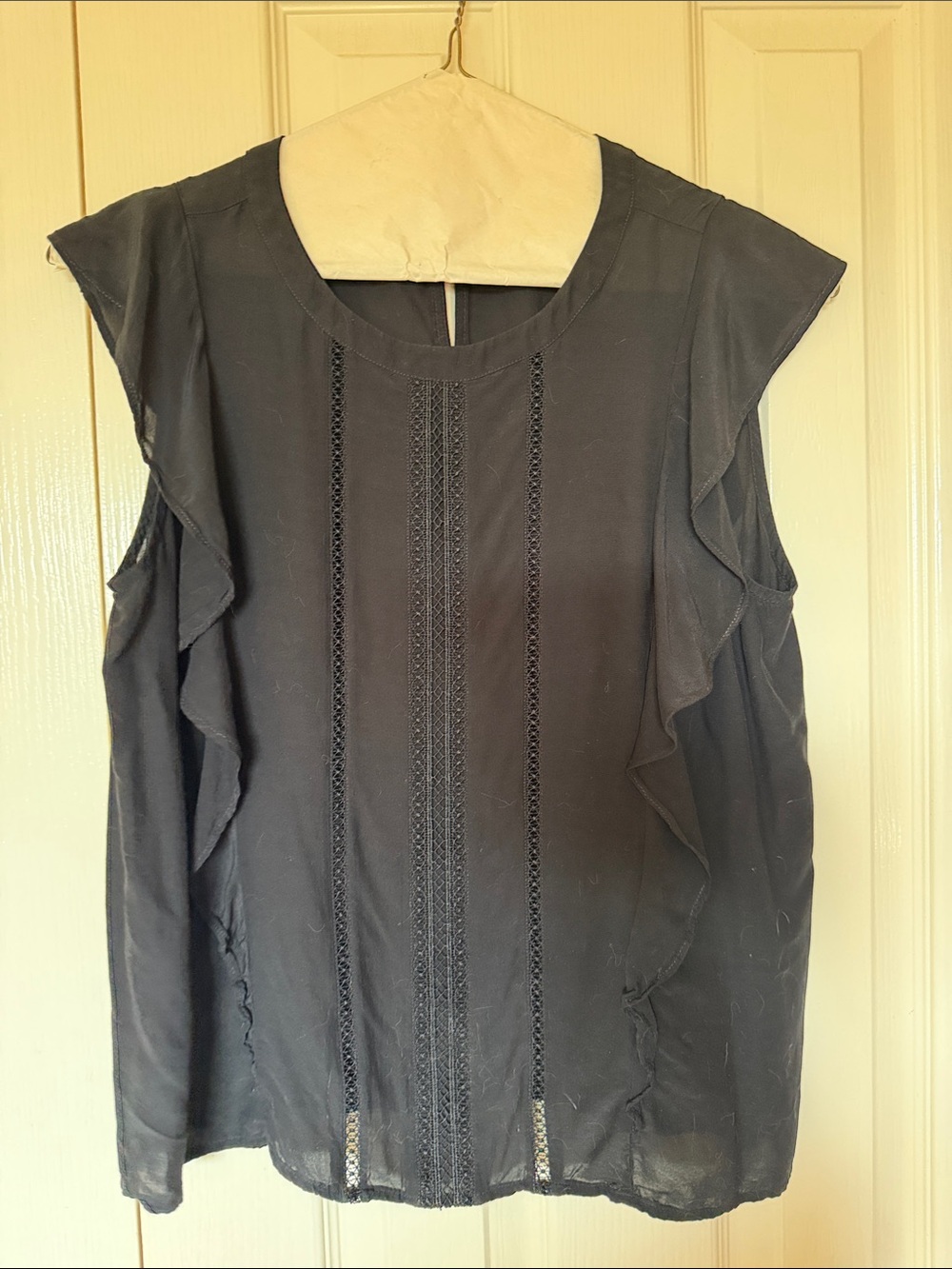 LOFT Black Sleeveless Ruffle Trim Lace-Detail Blouse